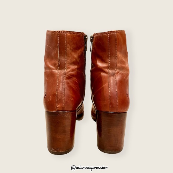 $389 Frye Joan Campus Cognac Brown Side Zip Leather Block Heel Cute Ankle Bootie - Picture 8 of 14